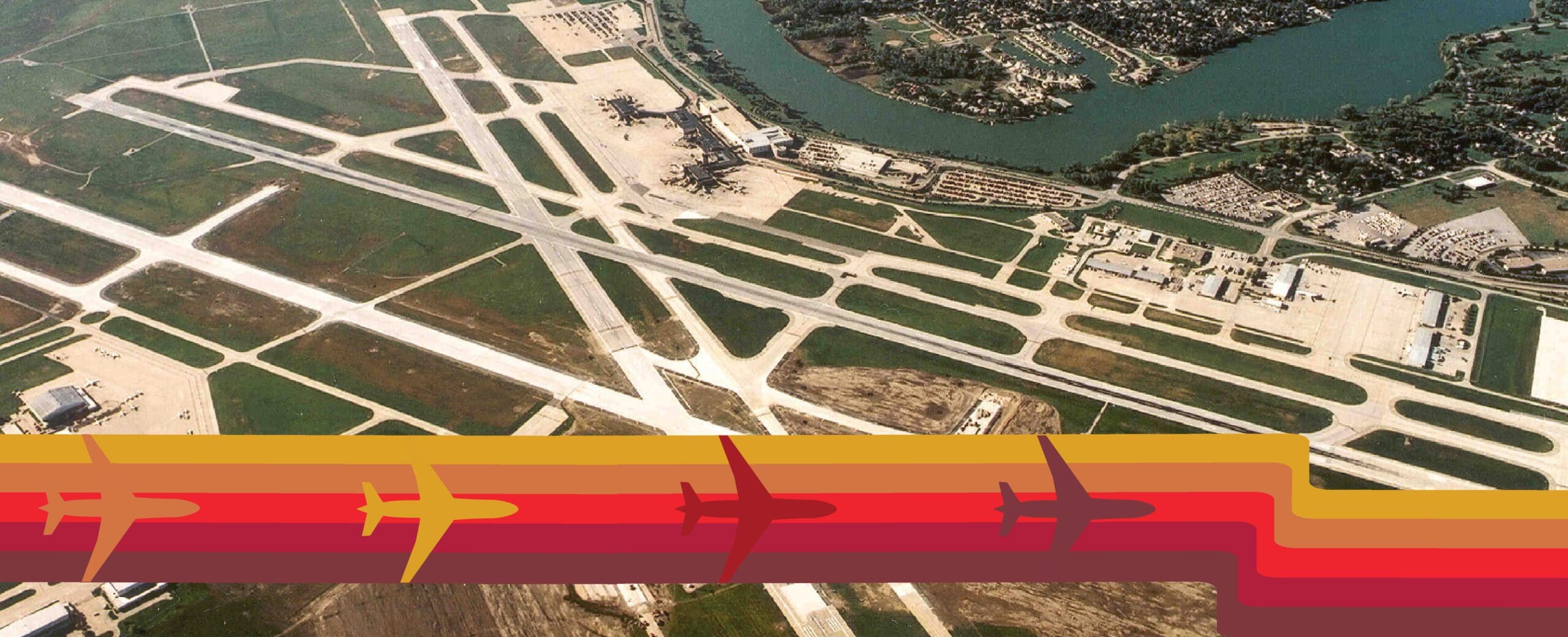 1970s design showing and aerial of Nebraska's Eppley Airfield
