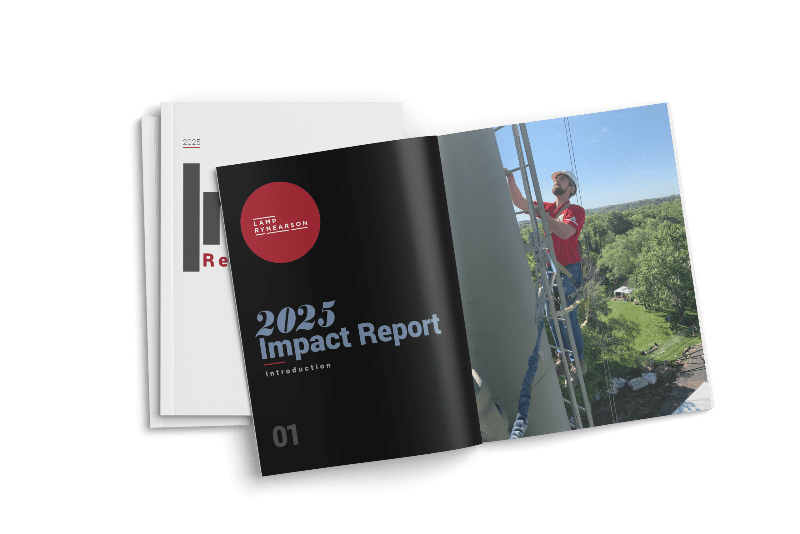 Impact Report document opened up to an image spread of an engineer inspecting a water tower
