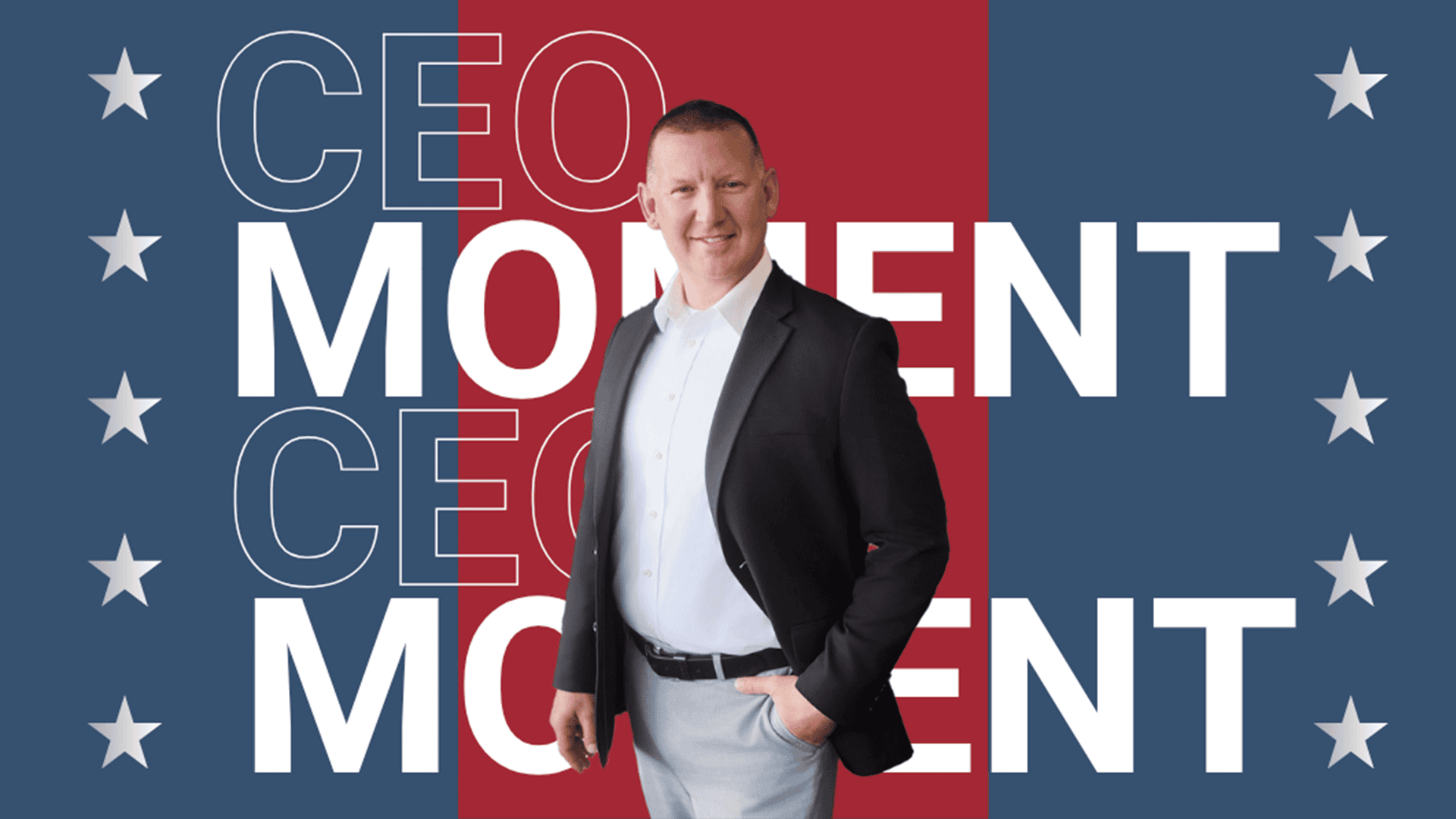 Smiling man in a suit standing in front of a red-and-blue patriotic background with the words ‘CEO MOMENT’ repeated.